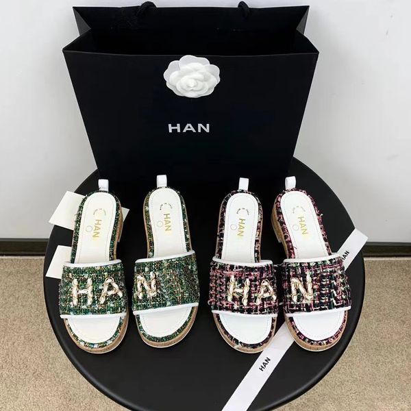 

2023 summer newthe sandal designer luxury woman man slide gold chain fabic weave burlap shoes flat letter slipper with box, Black