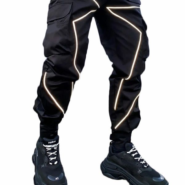 

mens pants european and american sports trousers mens street trend running fitness reflective strip hook and loop toe pants 230906, Black