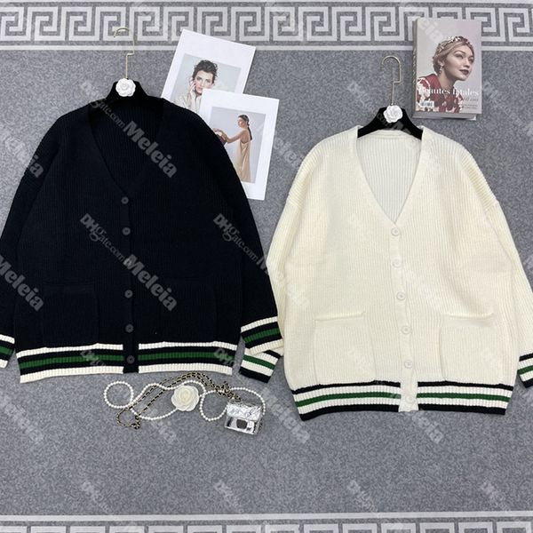 

loe knitted cardigan letter embroidery women sweaters v neck striped lady sweaters for winter, White;black