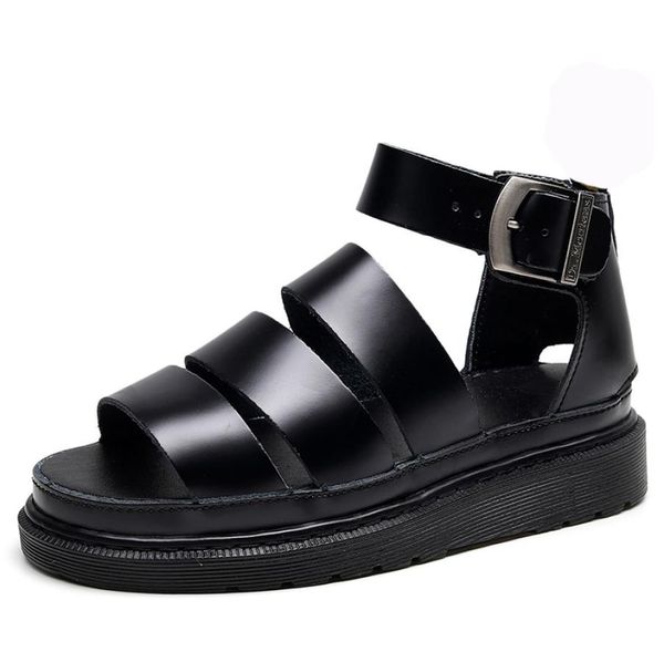 

new real leather women opentoed roman designer sandals black martin flat heel casual sandals summer shoes with buckle size 35444722435