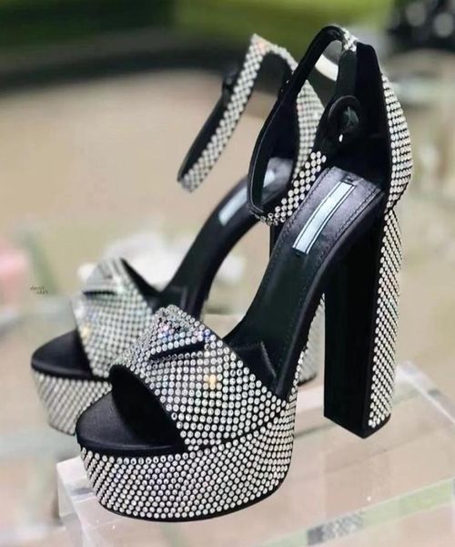 

sandals rhinestone sandals luxury designers womens platform heel dress shoes classic triangle buckle embellished ankle strap 13cm 1400025, Black