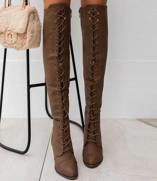 

boots women thigh high lace up heels over the knee long autumn winter cross strappy platform punk ladies shoes8746153, Black