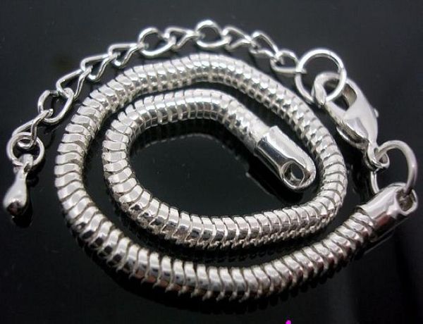 

wholesale in bulk low price 20pcs/lot copper base silver plated lobster clasp chain 3mm bracelets 20cm+7cm fit european charms beads9070166, Black