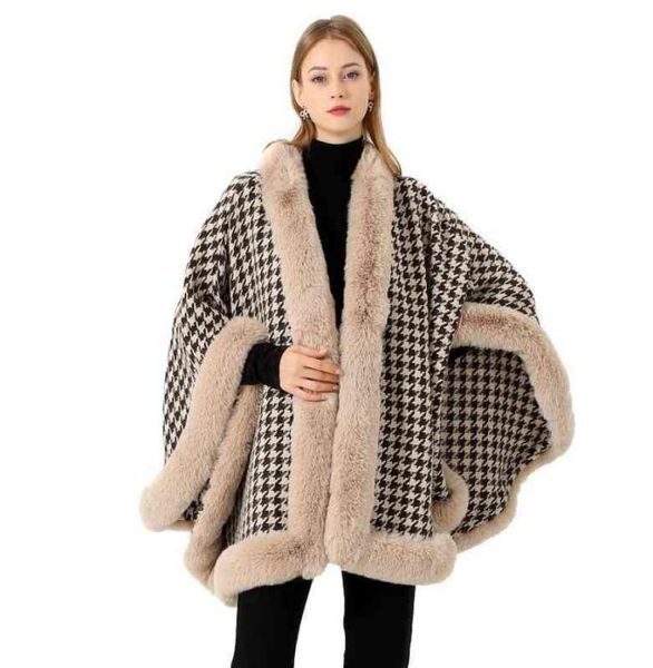 

scarves 2022 autumn and winter imitation rex rabbit hair super large fur collar thousand bird lattice wool shawl scarf cloak coat 9944067, Blue;gray