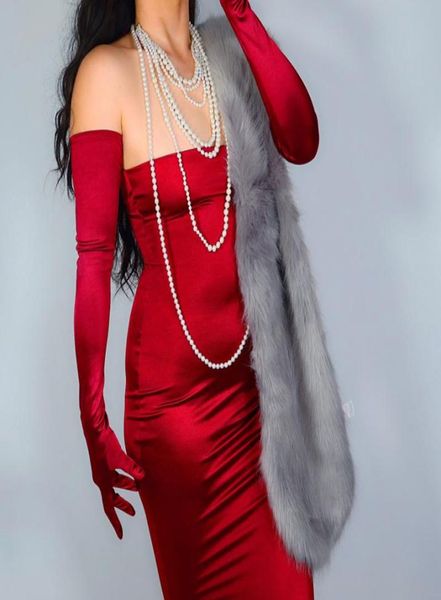 

silk satin gloves female 70cm elastic mercerized pearl satin wine red extra long antisun party evening women gloves marry wsg139342380, Blue;gray