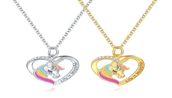 

fashion cute lucky love heart unicorn pendant color pony necklace 925 silver unicorn jewelry children gift9400473