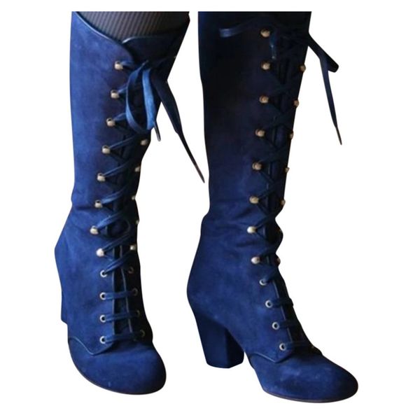 

winter women boots shoes fashion vintage lace-up boots women round cowboy high heels booties shoes woman botas mujer for girls shoes, Black