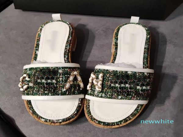 

fashion ladies slippers designer premium embroidered chain lambskin material summer beach shoes luxury women classic 3001863, Black