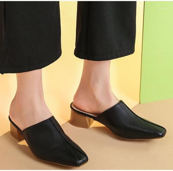 

slippers women039s mules shoes outside fashion office ladies slides square toe pu leather spring summer low heels female sandal8205512, Black