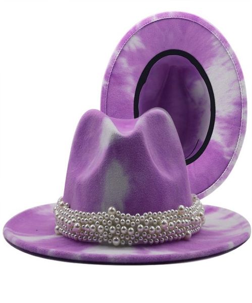 

2021 tie dye wool felt jazz fedora hats casual men women leather pearl ribbon white pink yellow panama trilby formal party caps2630663, Blue;gray
