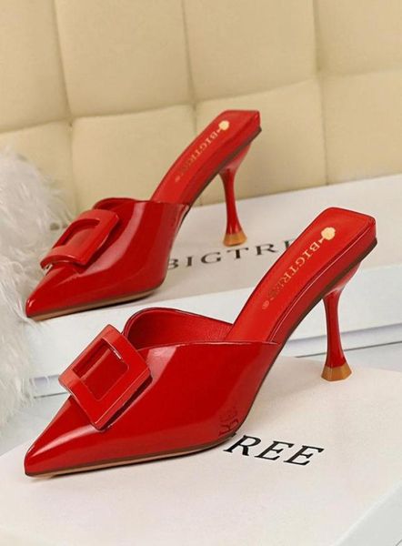

silver heels for women slipper patent leather slides pumps mules sandals buckle stiletto kitten heel shoes six colors 2021 slipper1262396, Black