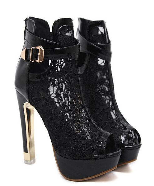 

white black lace hollow out peep toe ankle boots buckle metal heels breathable chic wedding shoes9910290