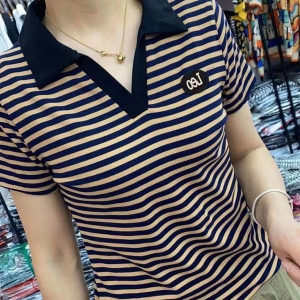 

women's polo's tshirt summer short sleeve lapel fashion stripe vneck pullover embroidery female clothing casual 230905, White