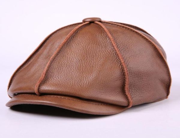 

men039s genuine leather hat male cow cap male cowhide warm baseball cap ear protection outdoor octagonal hat6789574, Blue;gray