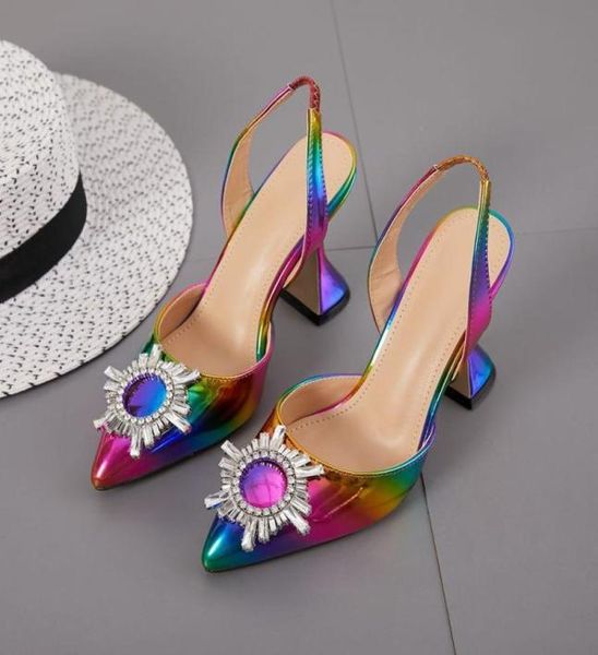 

rainbow color women sandals pointed toe sun style rhinestone high heels weeding shoes spike heel slingback pumps8828581, Black