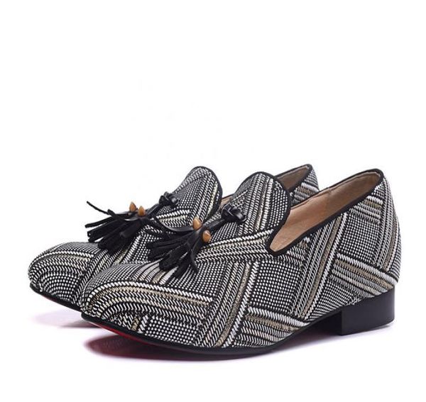 

new men's round toe loafers luxury gingham with spikes tassel dress shoes oxfords drop shipping2274889, Black