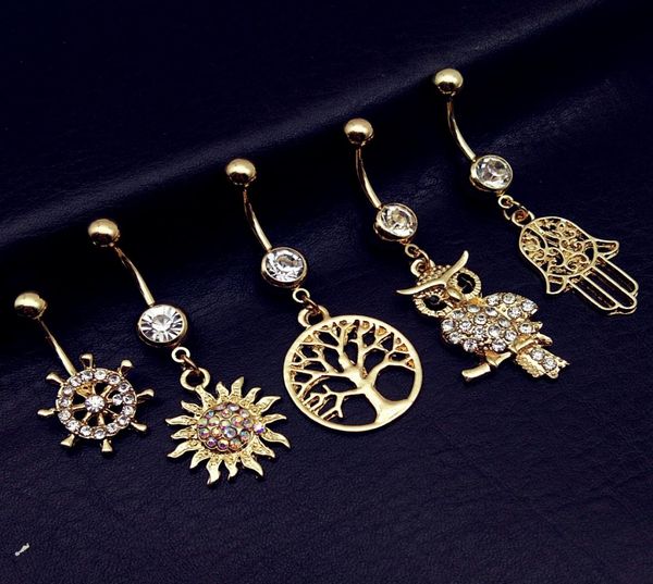 

5pcs 2019 new tree of life sun palm hand owl rudder dangle navel belly bar button rings body piercing jewelry8883082, Silver