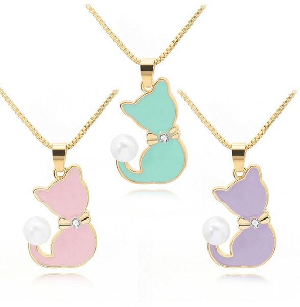

2021 new cute fashion enamel cat necklaces imitation pearl women pendant necklace gold plated necklaces girlfriend gift6676495, Silver