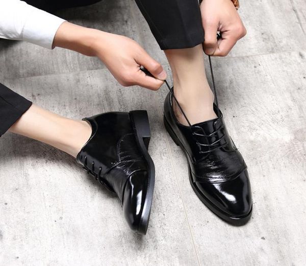 

leather shoes men formal elevator shoes for men leather dress shoes pointed toe lacing height increasing 6 cm mens weddi3675484, Black