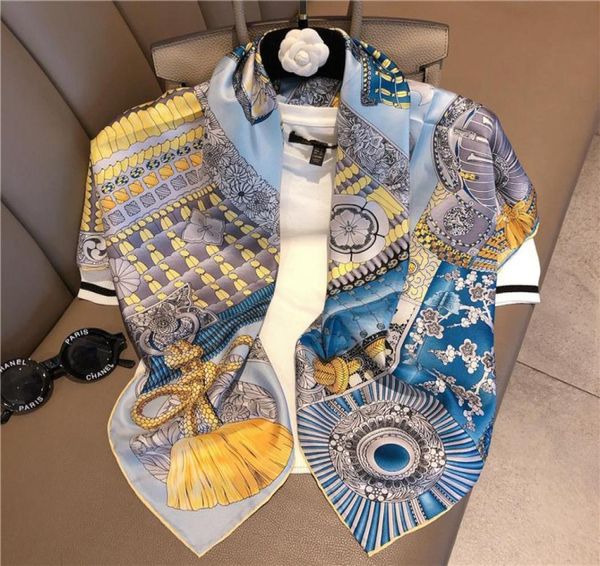 

luxury 100 twill silk scarf for women square shawls and wraps hand rolled neck scarfs female 9090cm printed scarves for ladies y7671593, Blue;gray