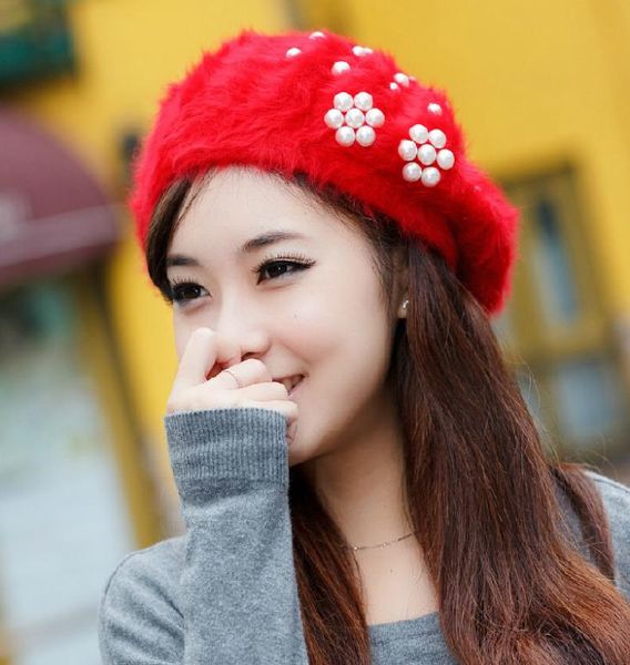 

new arrival pearl angora hat female winter girl flower knit caps beret faux rabbit fur hats gift9465524, Blue;gray