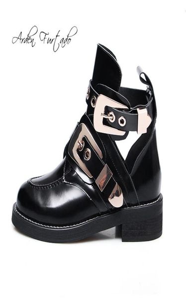

arden furtado 2019 spring autumn buckle strap matin boots genuine leather round toe shoes hollow out summer boots big size 413784805, Black