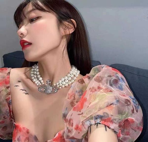 

western empress dowager enne light luxury minority saturn pearl necklace choker three-layer necklace female4025822, Silver