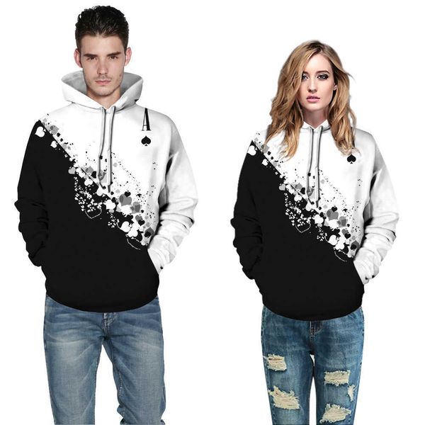 

2023 new fashion hoodies poker spades digital printing men's and women's loose casual hooded long sleeve sweater asian size, Black