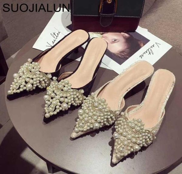 

women designer slipper slides ladies slippers women dress mules shoes low heel pointed toe pearl slippers4368441, Black