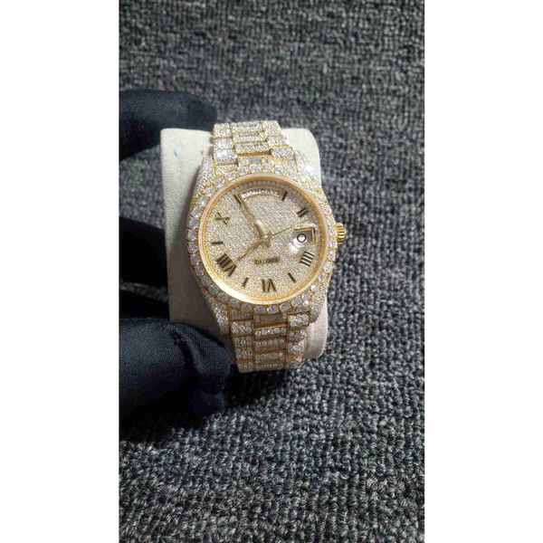 

lazl moissanite 2023 new iced out diamonds watch pass tt eta 3255 movement mechanical yellow gold men luxurywatch boxakfx, Slivery;brown