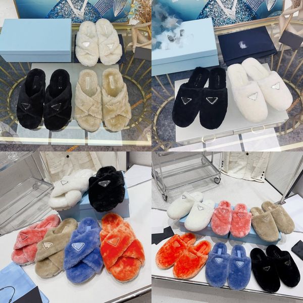 

women's triangle logo mules shearling slippers cosy terry slides fussbett fur slip on flat sandal designer shoes mink-fur slide cross p, Black