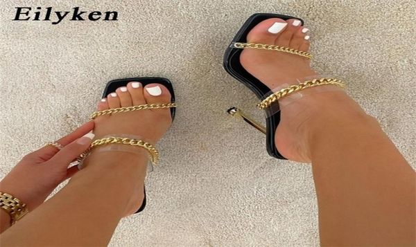 

eilyken summer fashion chain decoration pvc transparent strap ladies slippers square toe sandals women stiletto high heels shoes 22385322, Black