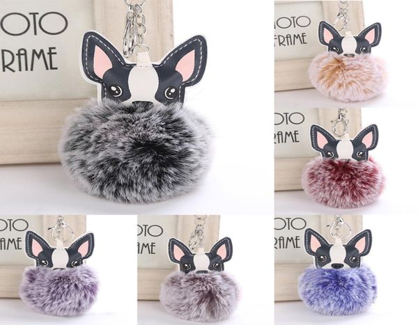 

fluffy rabbit fur ball french bulldog keychain pompom key chain pu leather animal dog keyring holder bag charm trinket chaveiros5504935, Silver