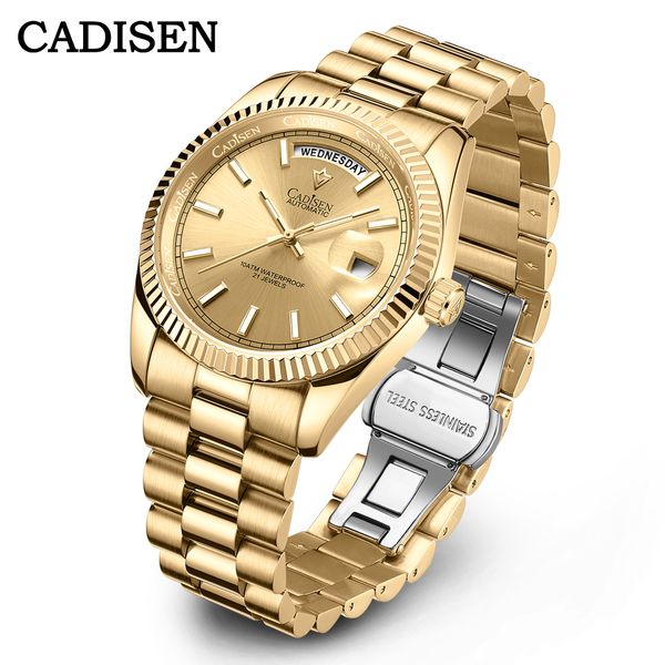 

wristwatches cadisen week calendar type men watch 100m waterproof stainless steel luxury for ar sapphire mirror luminous clock 230905, Slivery;brown