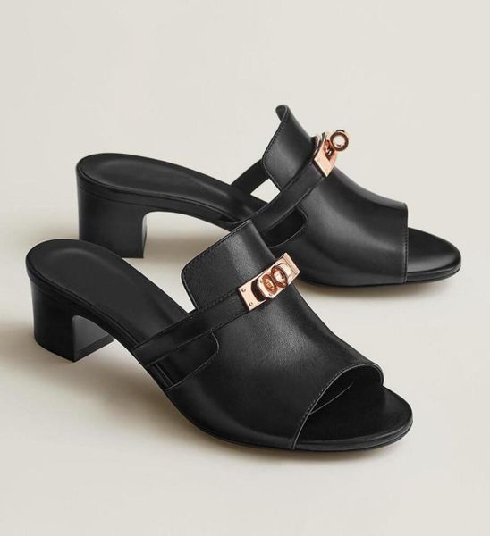 

23s new famous candy women039s sandals shoes black white goatskin permabrassplated kelly buckle slip on chunky heels lady mule5985497