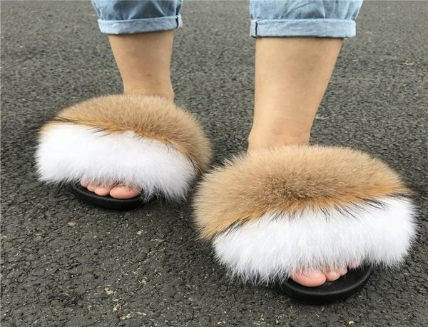 

factory good handmade women fox real fur slides slippers with 1905183, Black