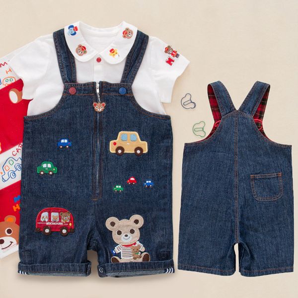 

overalls summer boys cartoon little bear bus denim strap pant shorts japanese kids clothes casual pants pantalones jeans 230905, Blue