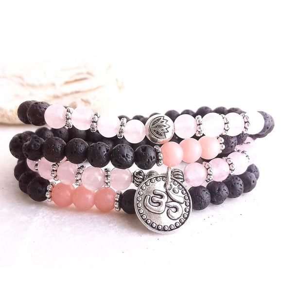 

mg0987 trendy design 6 mm rose quartz lava stone bracelet womens pink opal 108 mala ohm charm bracelet2269871, Black