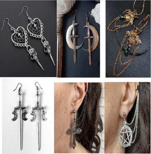 

gothic heart moon skull dangle earrings jewellery design dark art goth aesthetic hook earrings for alternative girl punk gifts9222167, Silver
