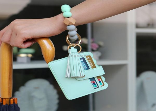 

leather card bag tassel charm bracelets silicone bead wristband cuff wallet keychain for women children fashion jewelry4862049, Golden;silver