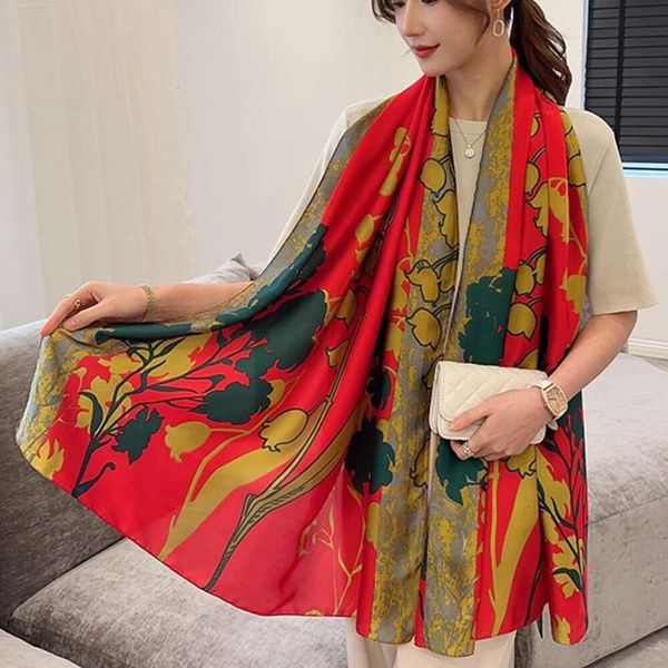 

fashionable printed scarf womens silk long large size travel shawl sun protection, Blue;gray