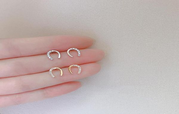

minimalist 925 sterling silver stud earrings delicate tiny letter small cartilage piercing crystal7516803, Golden;silver