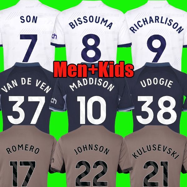 

maddison son 23 24 soccer jerseys kulusevski richarlison kulusevski 2023 2024 romero van de ven bissouma johnson tottenham football kit shir, Black;yellow