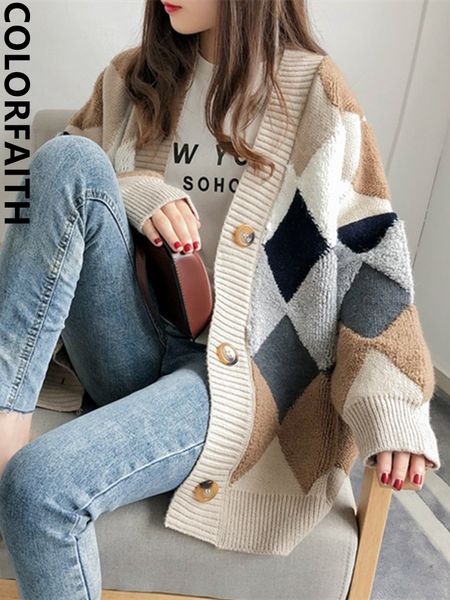 

women s sweaters colorfaith plaid chic cardigans button puff sleeve checkered oversized winter spring sweater sw658 230906, White;black