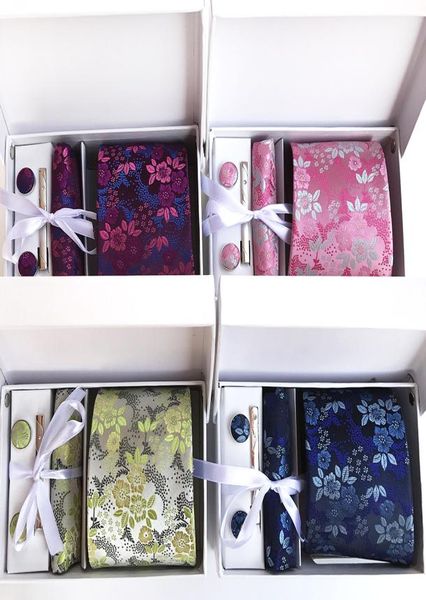 

335 inch8 cm wide ensemble silver paisley jacquard man tie handkerchief pin and cufflinks gift box packing many color4432634, Black;blue