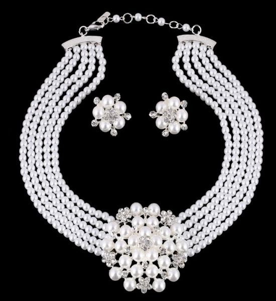 

european and american bridal accessories necklaces texture diamond flower pearl set jewelry7931052, Silver