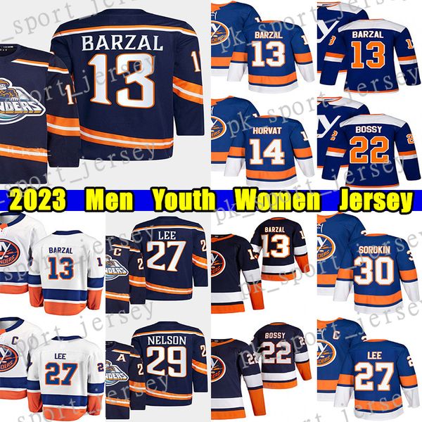 

#13 mathew barzal reverse retro hockey jersey #27 anders lee #14 bo horvat noah dobson mike bossy brock nelson alexander romanov casey cizik, Black;red