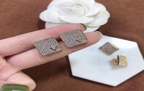 

europe america simple style lady women titanium steel engraved initials full diamond square gold stud earrings9841580, Golden;silver