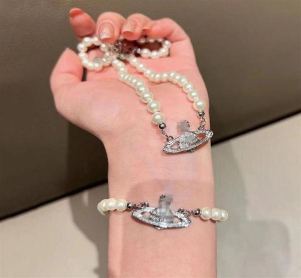 

fashion white pearl beaded necklaces luxury crystal rhinestone saturn planet choker for women party wedding jewelry306y9739702, Silver