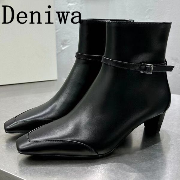 

boots women square toe chelsea genuine leather buckle strap decor ladies ankle short fashion mujer 230905, Black